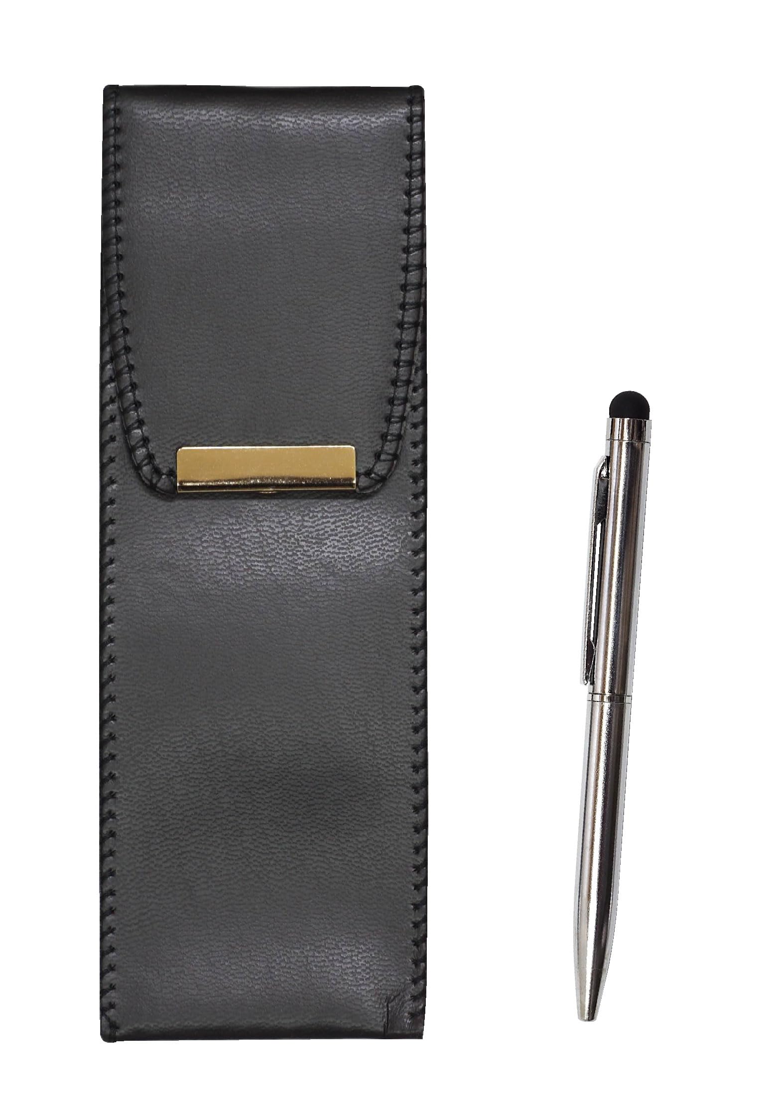 

black leather pen case with a of short metal rotating ballpoint pens and a smartphone touch Eco-friendly 3-pack screen. (T23-BR-B-9A094A-3)