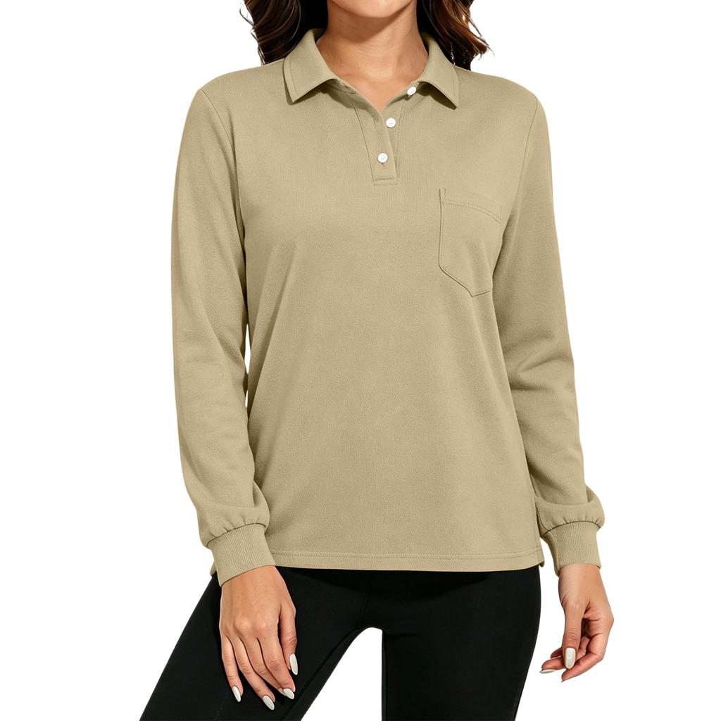 Women's Long Sleeve Button Down Color Blouse with Pockets and Side Slits Casual Collared Top