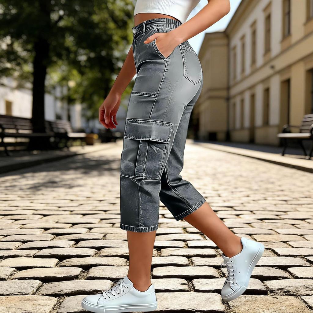 Women Denim Capri Pants Casual Loose Fit Mid Rise Stretchy Fabric Seven Quarter Length Cargo Style with Pockets