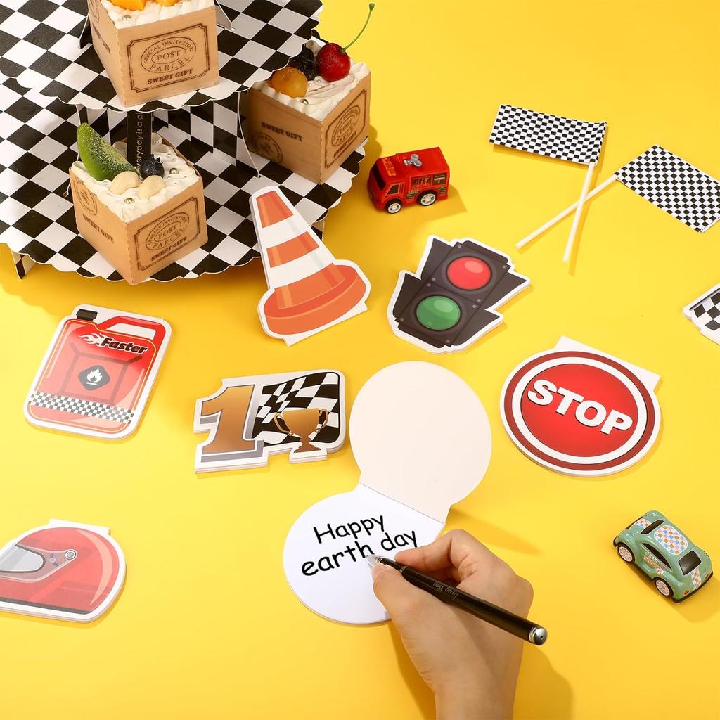 Seajan 36 Pcs Race Car Notepads Party Favors for Kids Fuel Tank Tire Roadblock Flag Traffic Light Helmet Racing Car Trophy Stop for Kids' Birthday