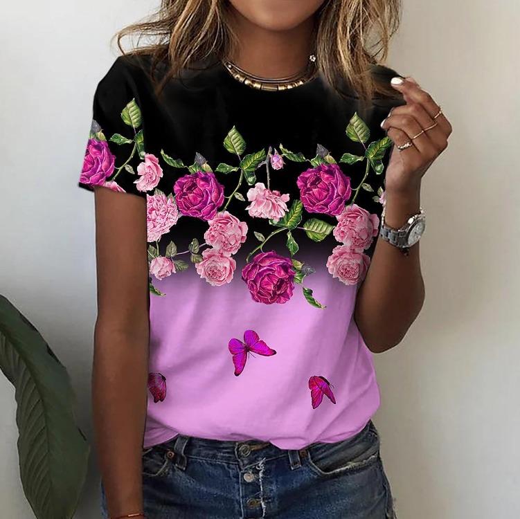 Women's Plus Size Short Sleeve T-shirt 3D Flower Print Fashion Summer Tops Tees For Women Clothes