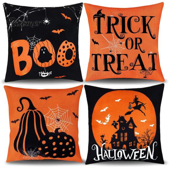 Square Sofa Cushion Protectors Halloween Ghost Cover, Retro Pumpkin Throw Pillow Case, 18x18 Covers Inch Washable Cover for Couch Bed Decor Breathable