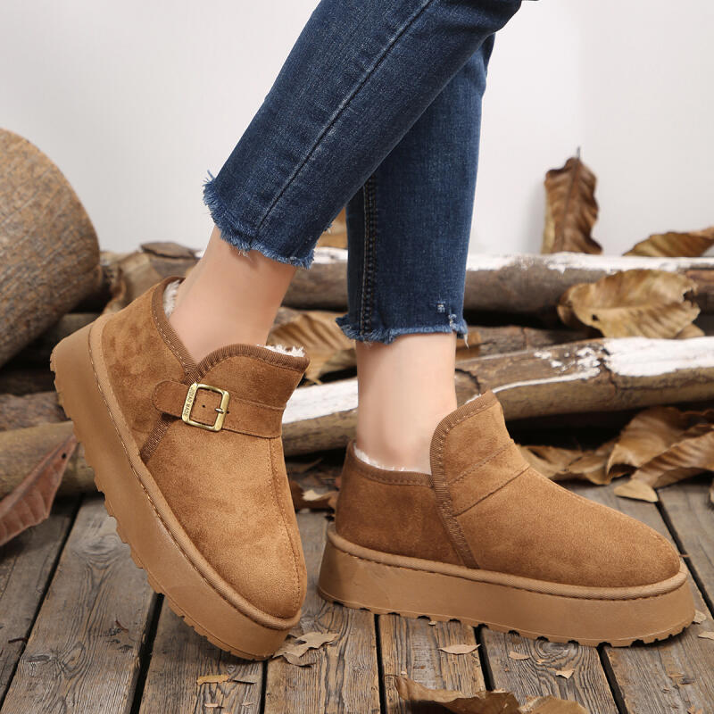 Fashion Comfort Thick Bottom Furry Snow Boots Women 2025 Winter Metal Buckle Chunky Platform Suede Ankle Boots Warm Plush Cotton Shoes