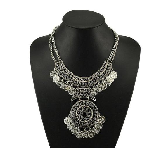 Women's Boho Ethnic Vintage Double Chain Coin Flower Statement Necklace Jewelry