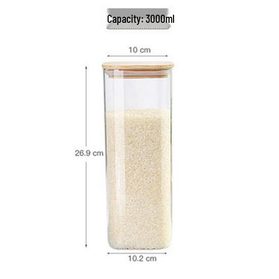 Square Glass Kitchen Storage Jar with Lid, Moisture-Proof Tea and Grain Container, Transparent