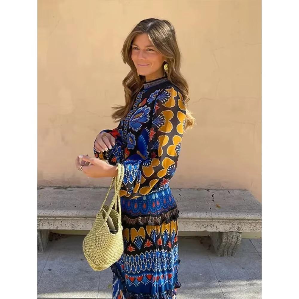 Vintage Print O-Neck Patchwork Maxi Dress Women Fashion Lantern Sleeves Loose Long Dresses Lady Casual Vacation Streetwear