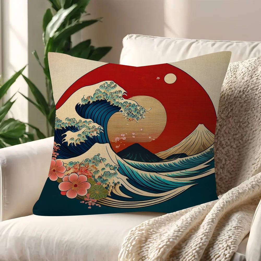 Vintage Hokusai Waves Cushion Cover Inches Farmhouse Decor Home Throw Pillow Covers For Couch Decorations