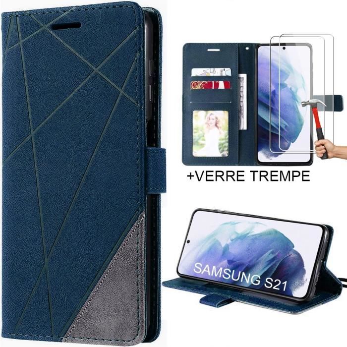 Protective Case - BOOLING - for Samsung Galaxy S21 - Leather Effect - Navy Blue - Includes 2 Tempered Glasses