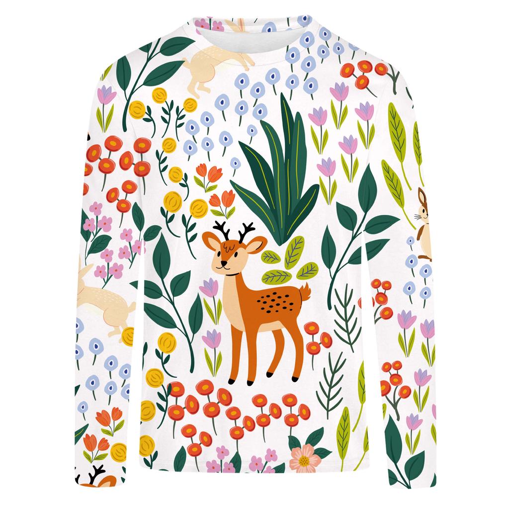 Spring and Autumn Cartoon Cute Sika Deer Pattern 3D Printed Top for Women's Casual Long Sleeve T-shirts