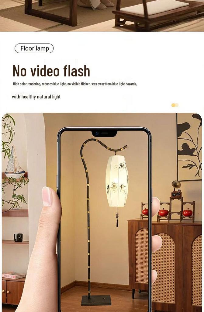 Retro Zen Bamboo Hand-Painted Floor Lamp for Living Room, Study, or Bedroom - Iron Art, New Chinese Antique Style