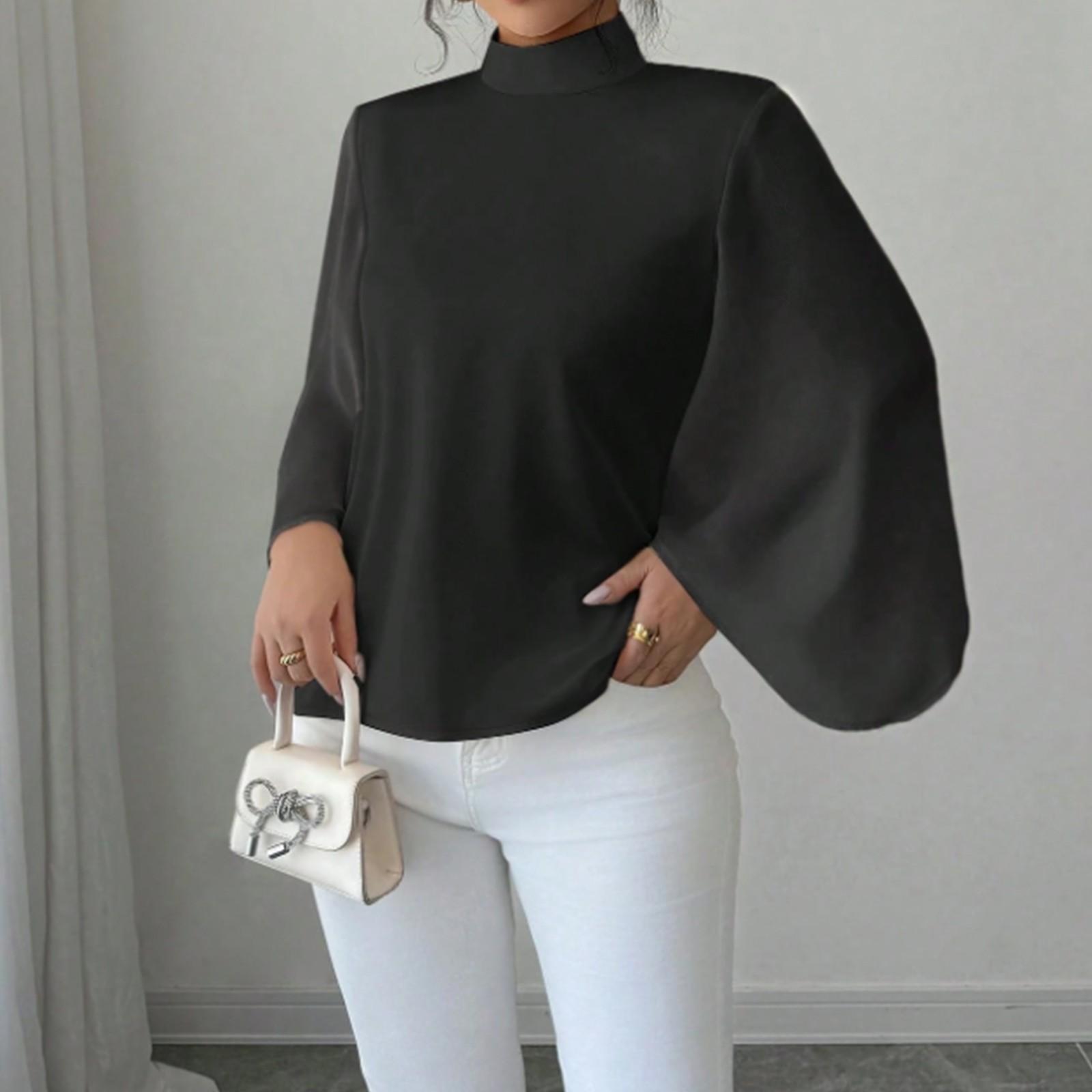 

Women s Fashion Casual Loose Elegant Stand Collar Long Sleeve Shirt M чорний