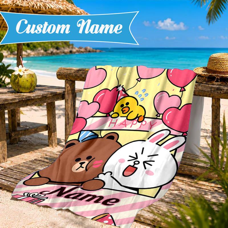 Custom Name Cute Cartoon Brown Bear Beach Towel Microfiber Beach Towel, Lightweight and Quick-Dry, for Summer Travel, Swimming Pool Gift