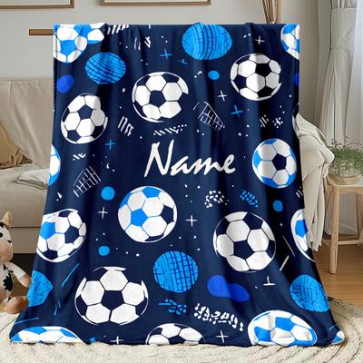 Custom Soccer Ball Fleece Blanket Personalized Name Blue White Sports Throw Soft Warm All Season Bedding Gift For Kids