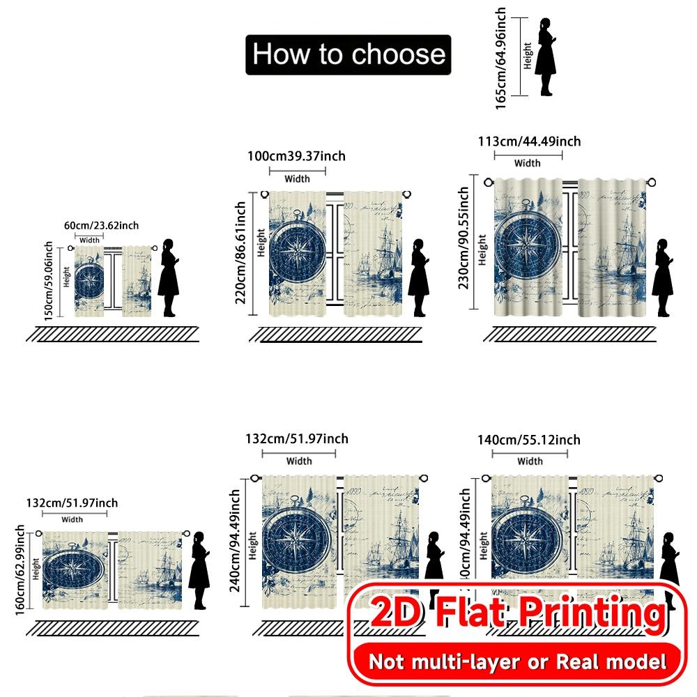 2D FLAT PRINTING 2pcs Curtains (Without Rod) Nautical Ships and Compass Design Modern Fashionable Curtainments during the