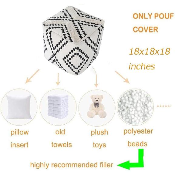MOCOFO Decorative Square Pouf Cover for Bedroom Boho Cotton Unstuffed Pouf Footstool (Black Diamond,18x18x18)