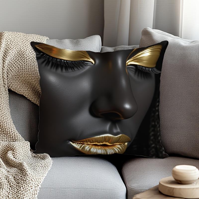 Atemberaubender schwarzer Kissenbezug mit goldenen Gesichtszügen - Einzigartige Heimdekoration Sofakissenbezug, Heimdekoration, 2D-Druck