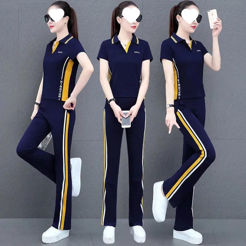 Módní Ležérní Dámský Letní Krátký Rukáv Kulatý Výstřih Lehký Set - Volný Střih pro Zeštíhlení, Dvoudílný Set