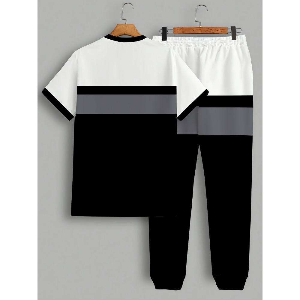 Fashionable Men's Summer Letter Splicing Print Breathable Round Neck T-shirt Long Distance Set Outdoor Casual