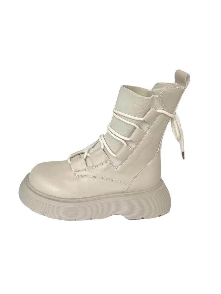 2025 new black knitted lace-up Martin boots women's 2025 new autumn short boots British wind locomotive short boots tide