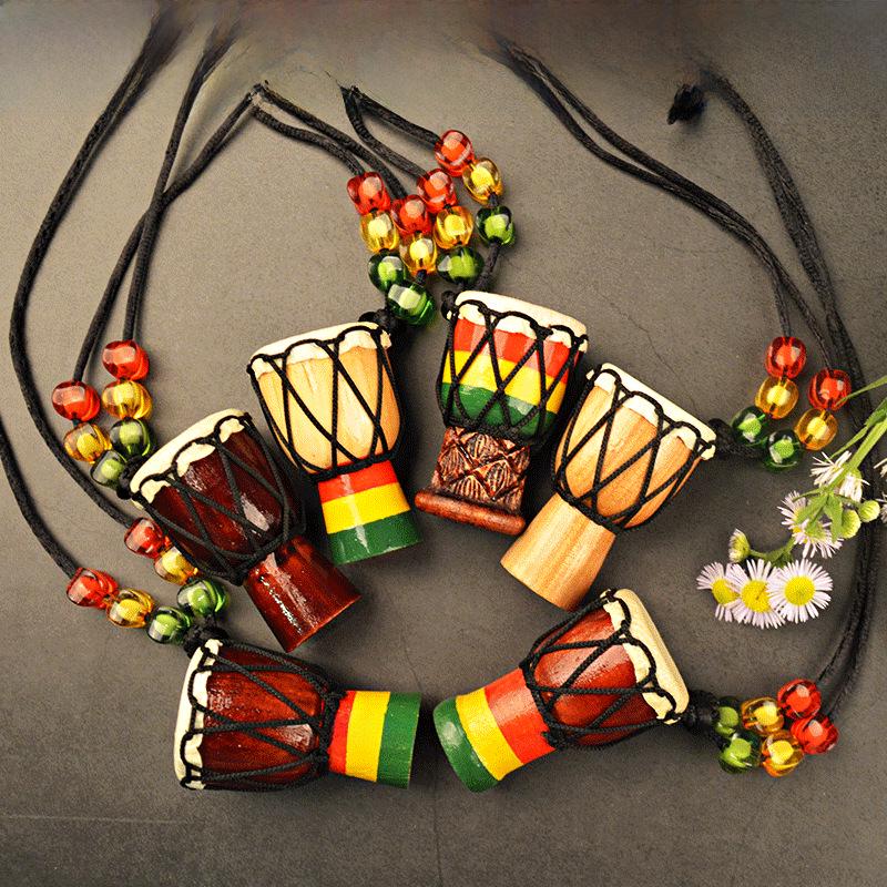 

African Hand Drum Pendant Children s Necklace - Solid Wood & Sheepskin Gift
