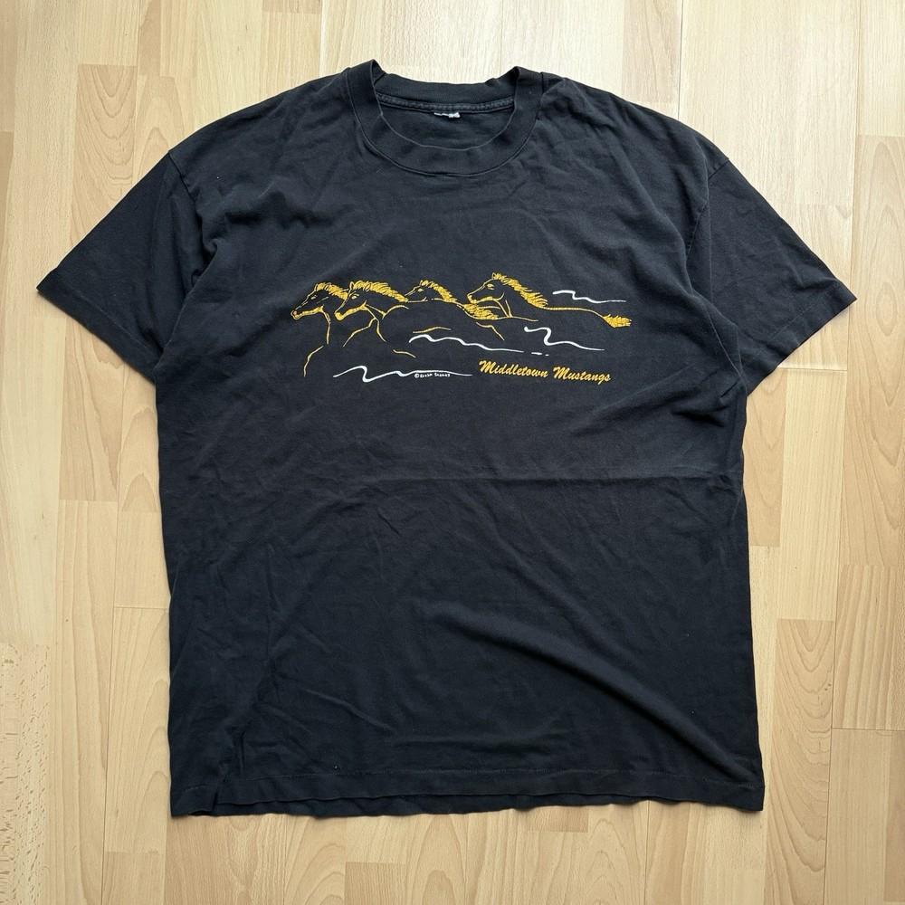Vintage 90s Middleton Mustangs Wild Horses Single Stitch Graphic Black TShirt Unisex T-Shirt M
