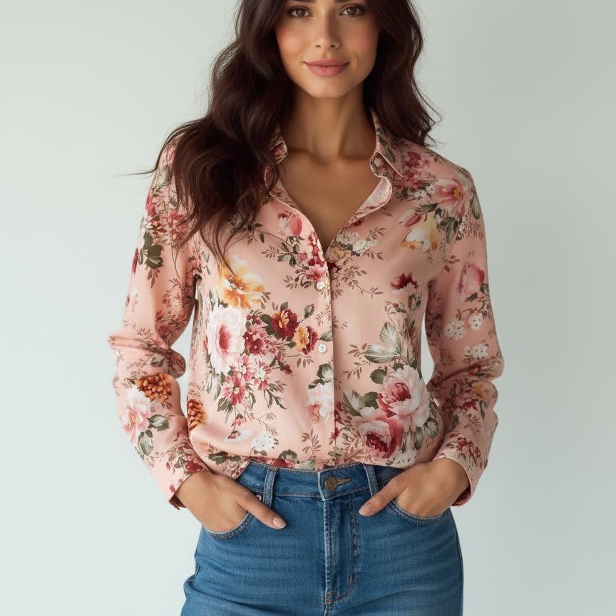 

2026 Women s Spring Soft Mist Floral Lapel Shirt - Loose Slimming Daily Style M