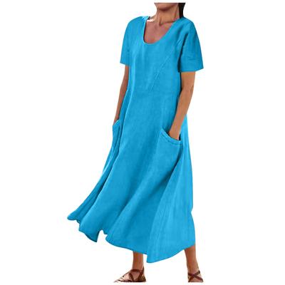 Women's Clothing, Women's Solid Color Cotton Linen Round Neck Short Sleeve Long Loose Sway Dress