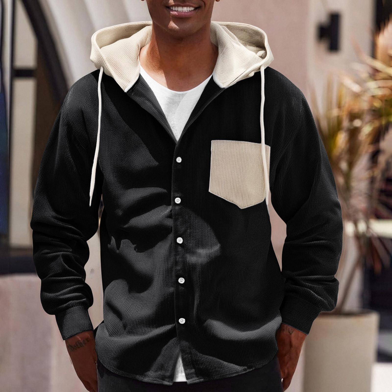 Men s Colorblock Loose Hooded Long Sleeved Shirt Youth Fashion Casual Trendy Shirt XXL чёрный 2000₽