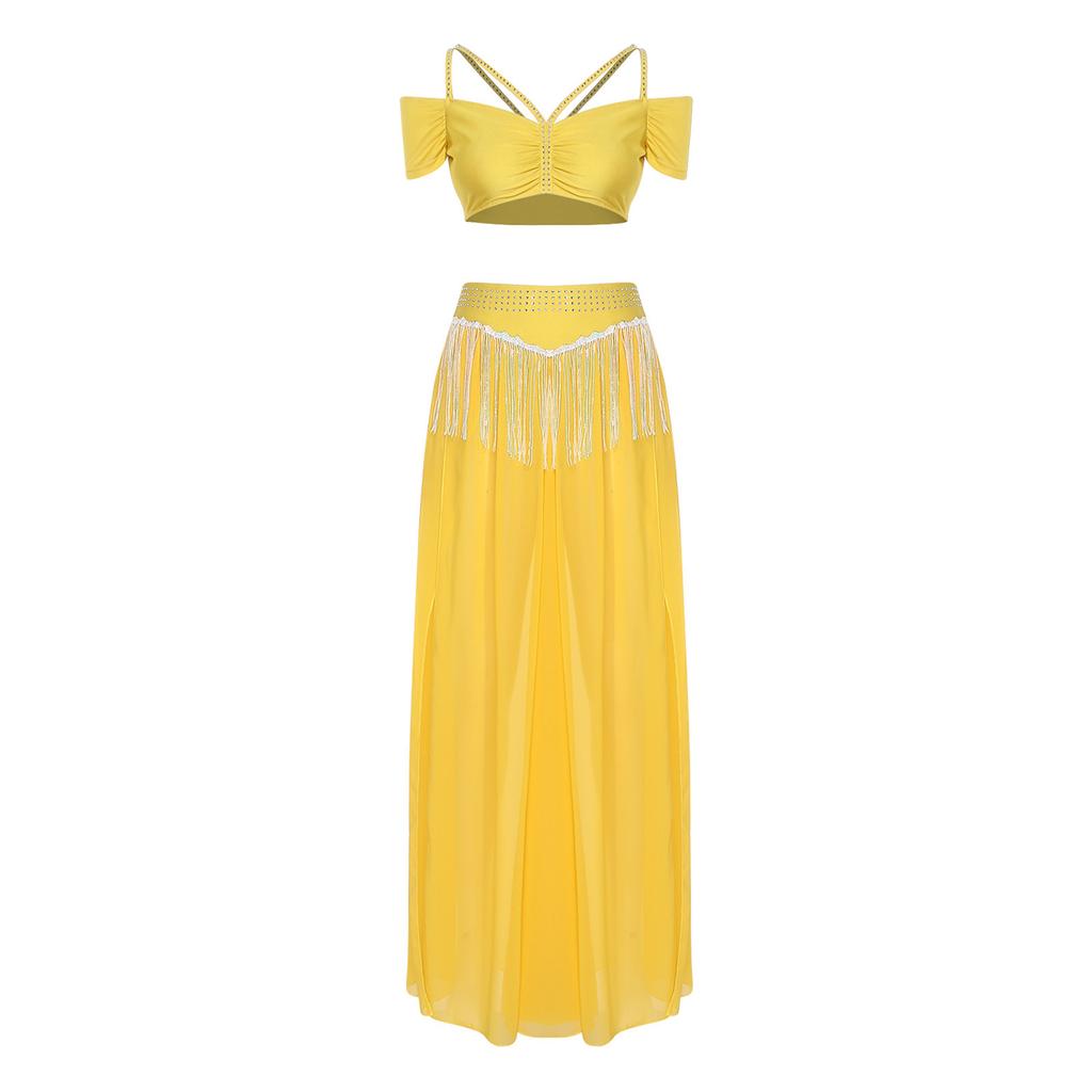 Womens Chiffon Wide Leg Pants Sequins Tassel Slit Belly Dance Culottes Cold Shoulder Crop Top Rhinestone Waist Set