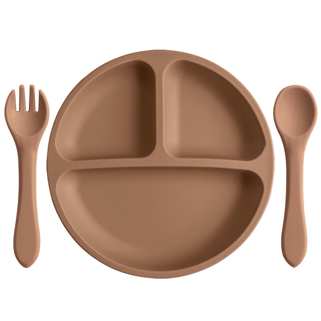 Color Kids 3PCS Silicone Baby Feeding Set Suction Plate Wooden Spoon Fork BPA Free Training Tableware Dish Bowl Gift Set