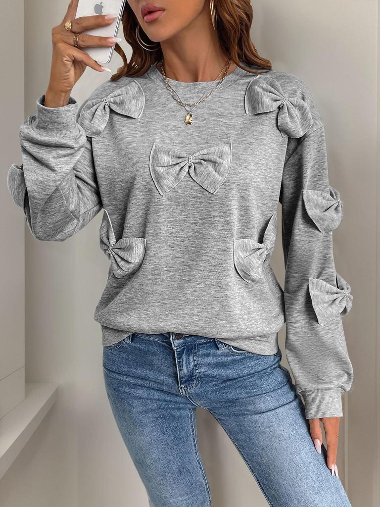 European & American Autumn Sweet Casual Bow Spliced Gray Round Neck Women's Sweatshirt