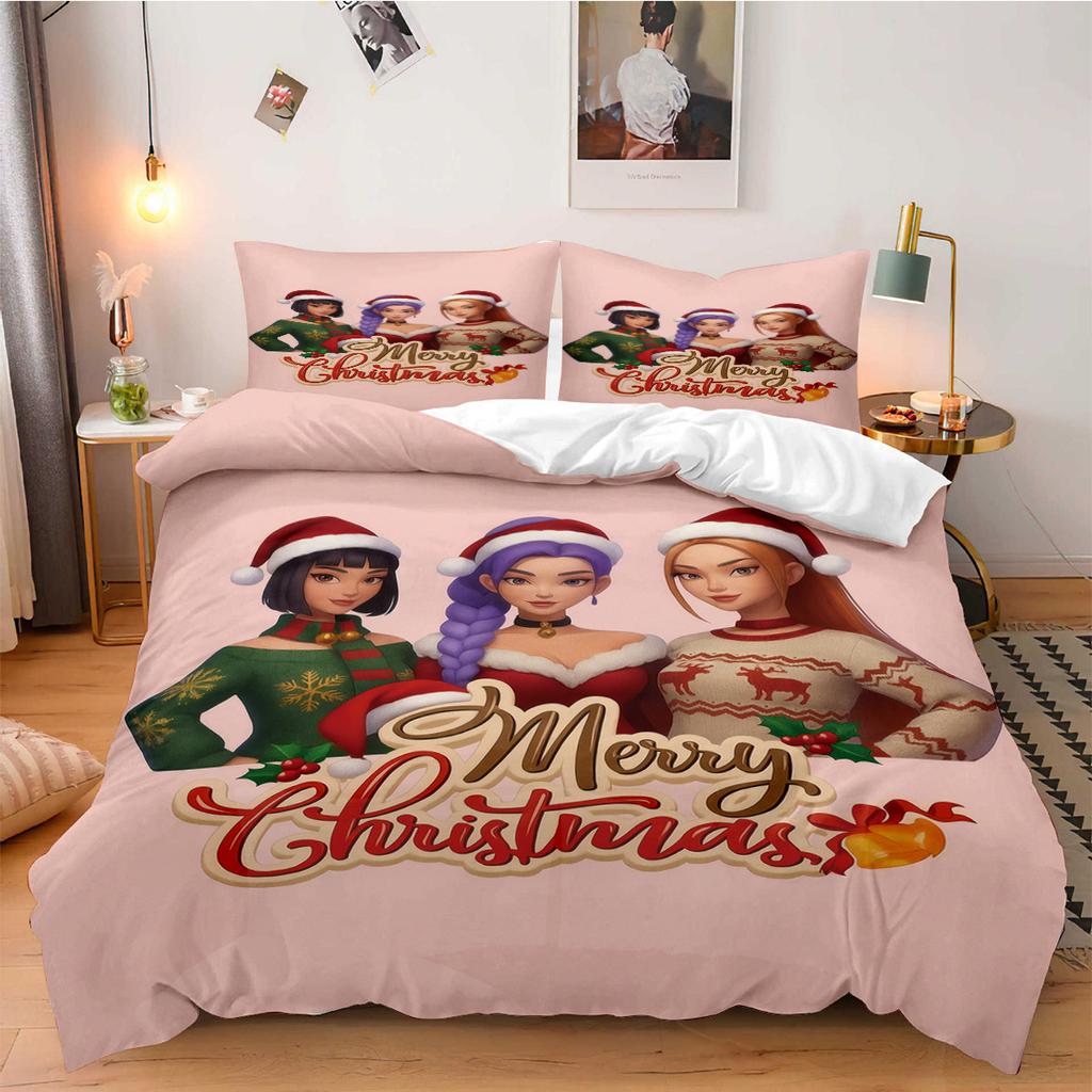Christmas KPOP Beddding Set K-Pop Demon Hunters Machine Washable Durable King Queen Twin Size for K-pop Girls Home Bedroom Decor