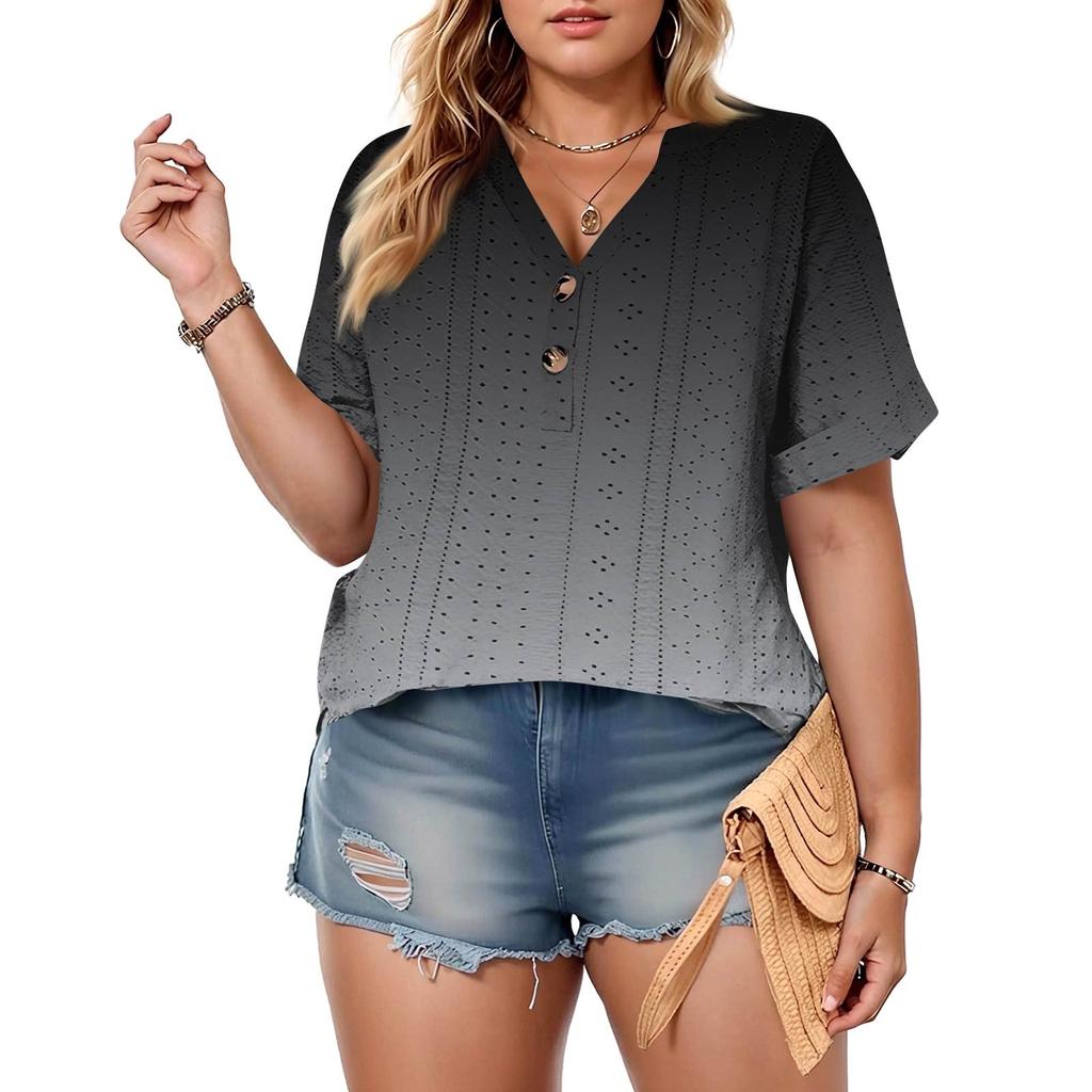 Plus Size Women's Fashion Casual Vintage  V-Neck Short Sleeve Button T-Shirt Top