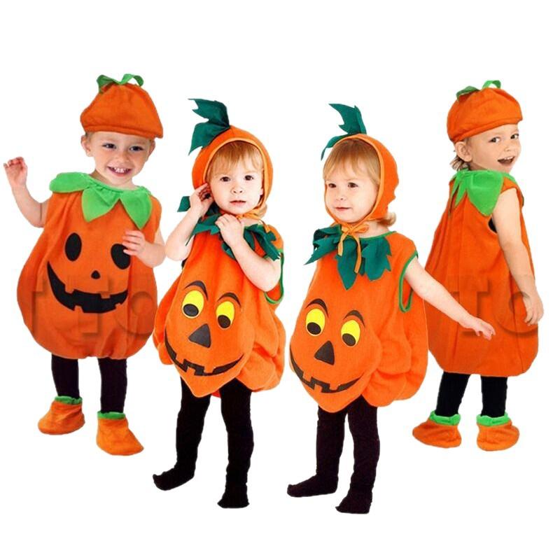 Set Costume di Zucca di Halloween per Bambini Ragazzi Ragazze Tuta Zucca Carina con Cappello e Sacchetto per Dolci Festa di Halloween Performance sul Palco