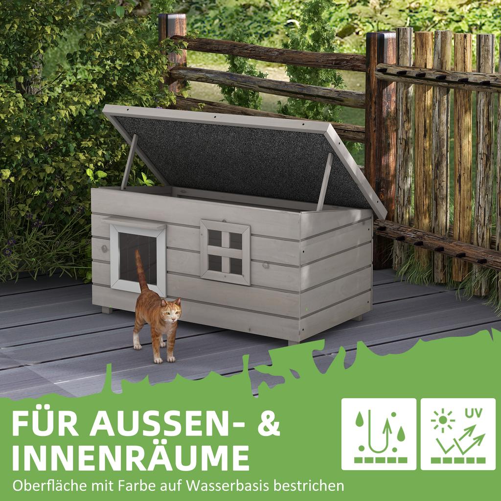 Wooden Outdoor Cat House, Elevated Cat Shelter Kennel, Pet Play House with Openable Top, Asphalt Roof, Window, Grey