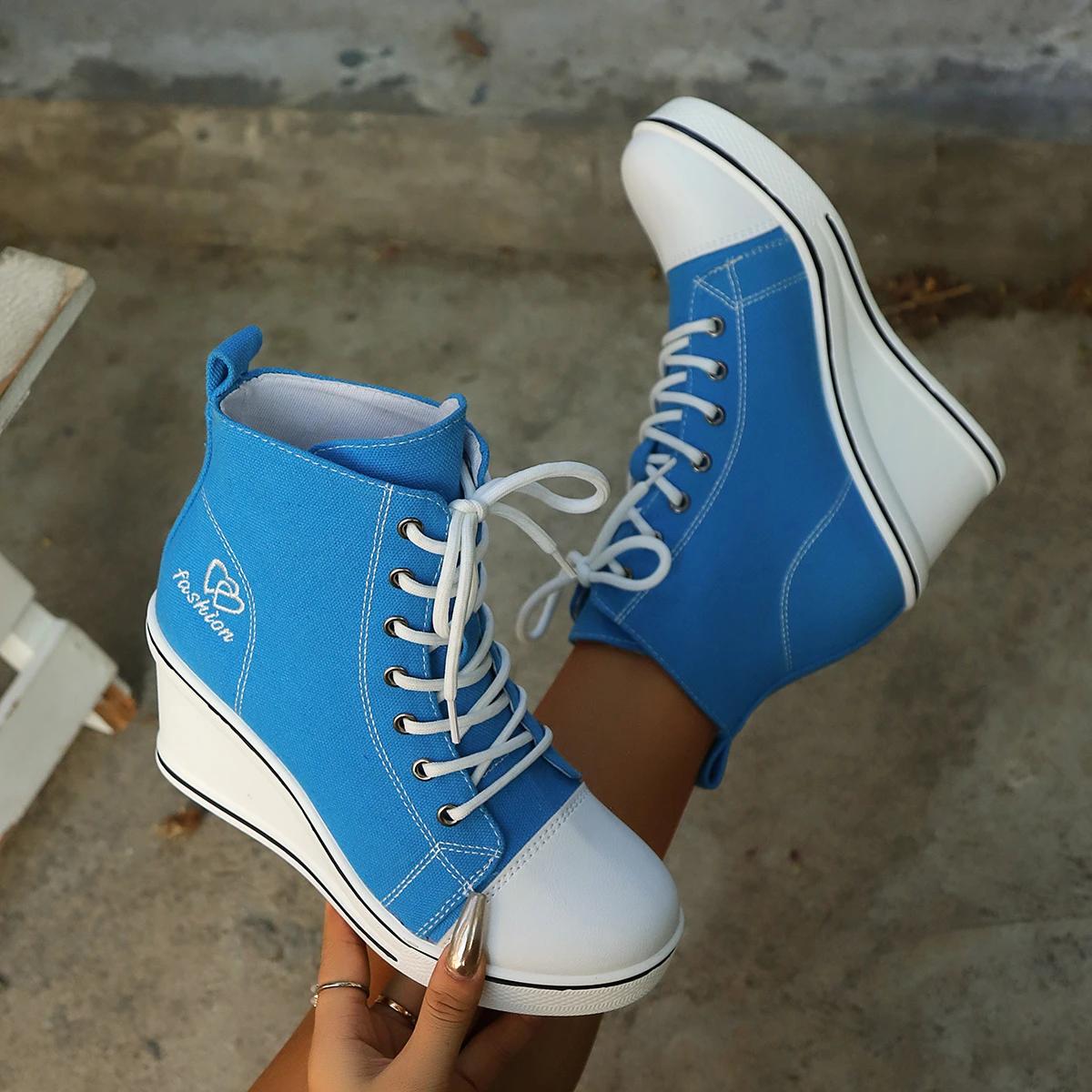 

Women Shoes Classic Breathable Canvas Shoes Fashion Casual Vulcanized Shoe Women Wedge Sneakers Height Increasing Platform Shoes 35 синій