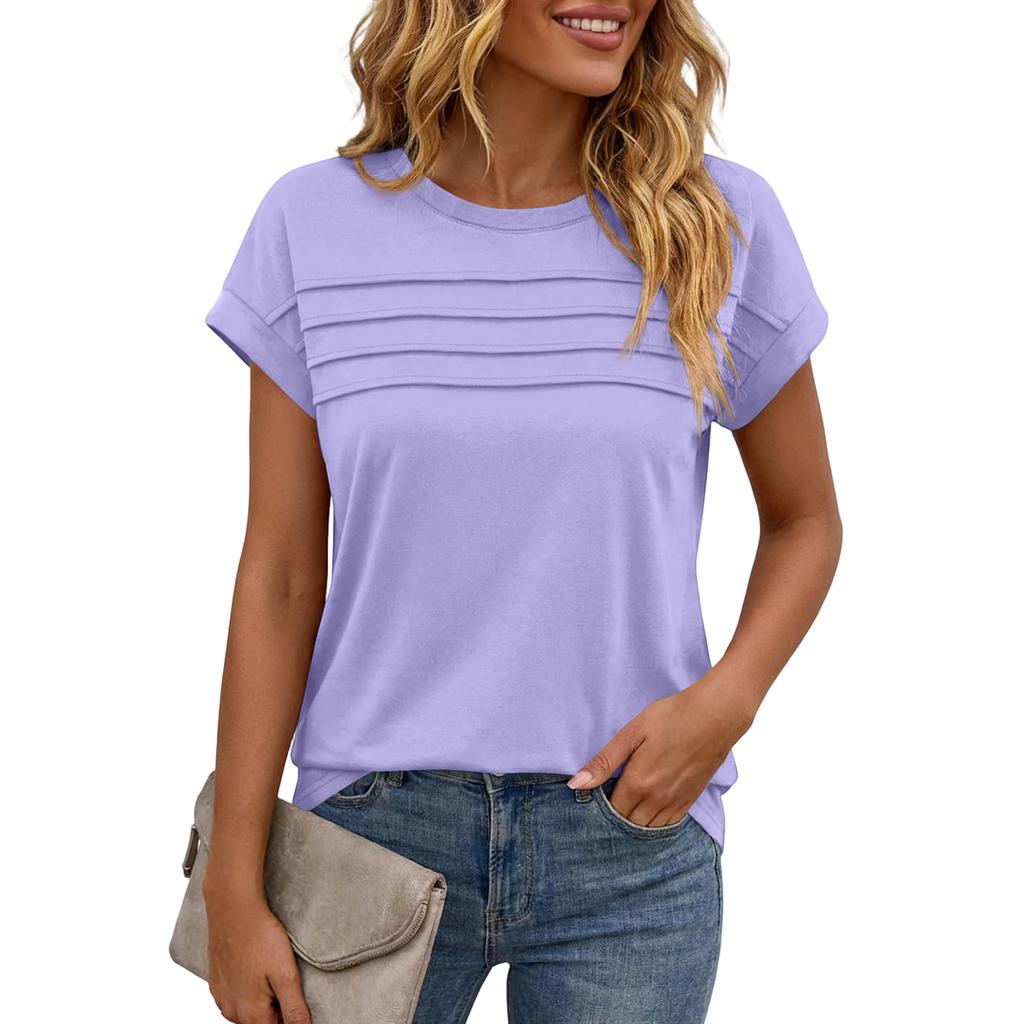 Women's Casual Top Monochrome Pleated Top Round Neck Short Sleeved Shirt