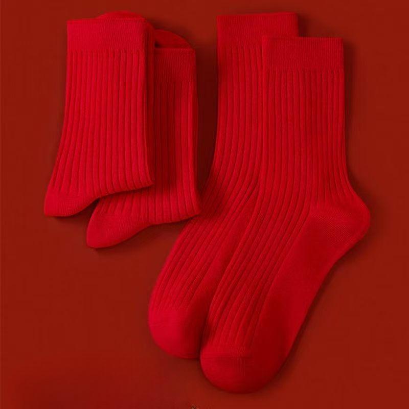 Pure Cotton Men's and Women's Pure Cotton Socks, Wedding and Autumn Winter Red Socks, Large Red Character Stockings with Mid-calf Length