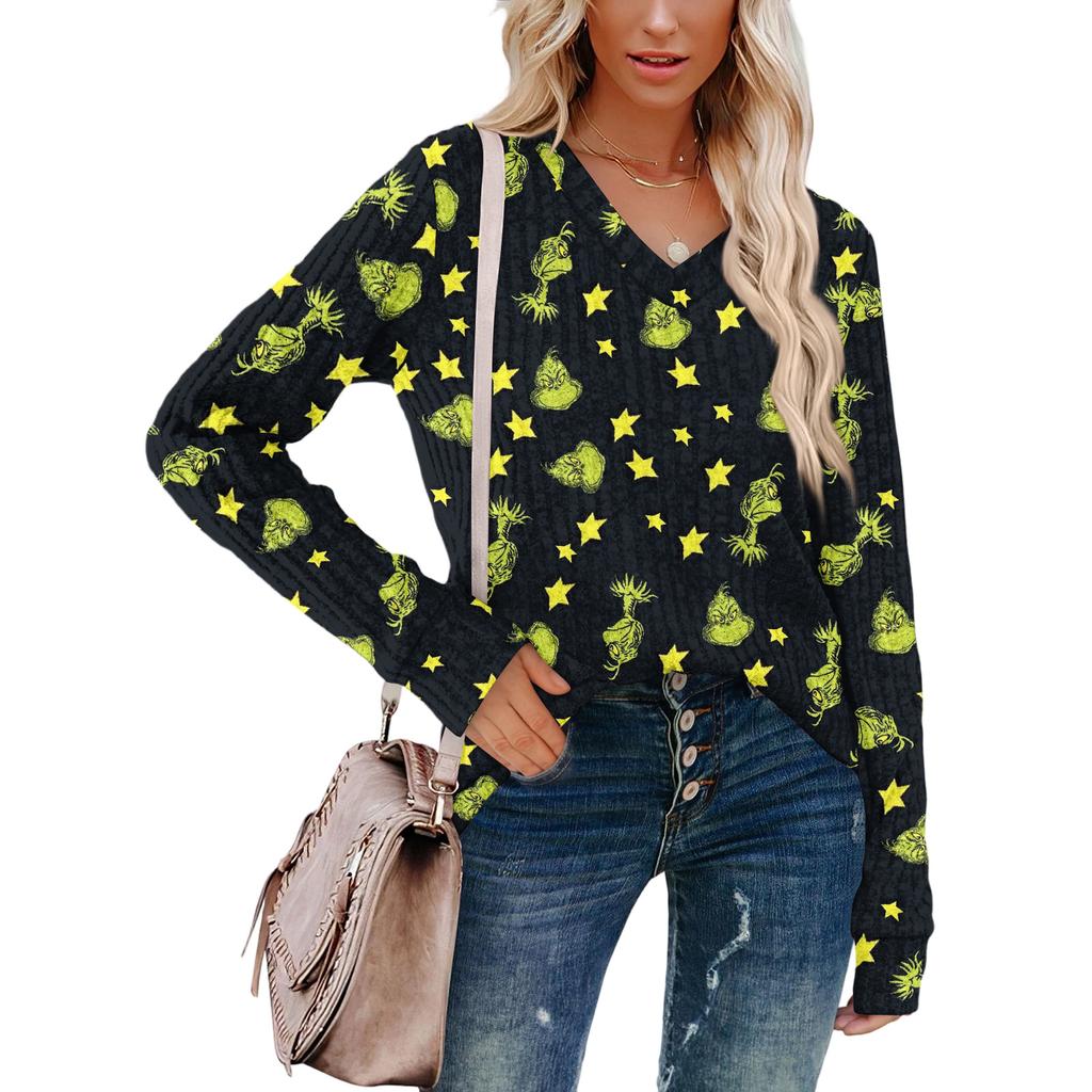Women's Fashionable Loose-Fit V-Neck Long-Sleeved T-Shirt Christmas Print Pullover