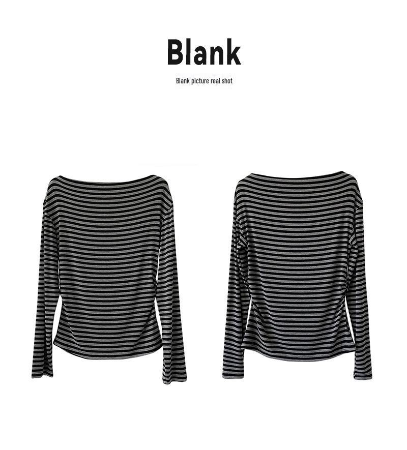 Juzhi Spring Retro Striped Off-Shoulder Slim Fit Long Sleeve T-shirt