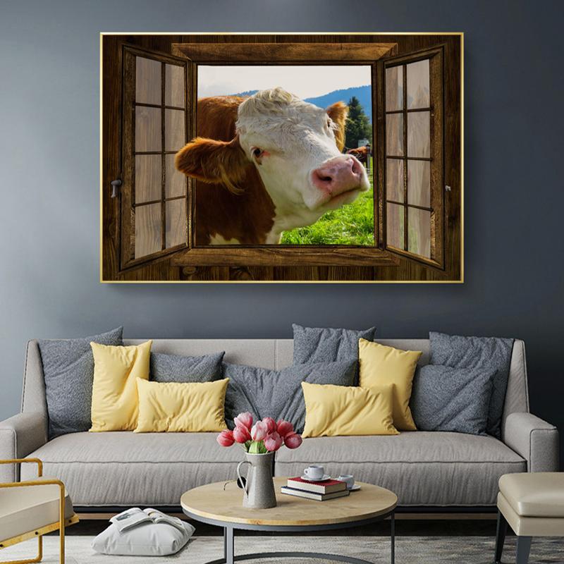 Cows By The Window Poster Farmhouse Cow Wall Art Canvas Pictures Print Living Room Kid Bedroom Home Decor Painting Gifts Cuadros