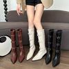 Autumn Winter Pointed Toe Ladies Knee High Shaft Shoes Middle Heel Buckle Leather Women's Long Boots Chic and Elegant Footwear