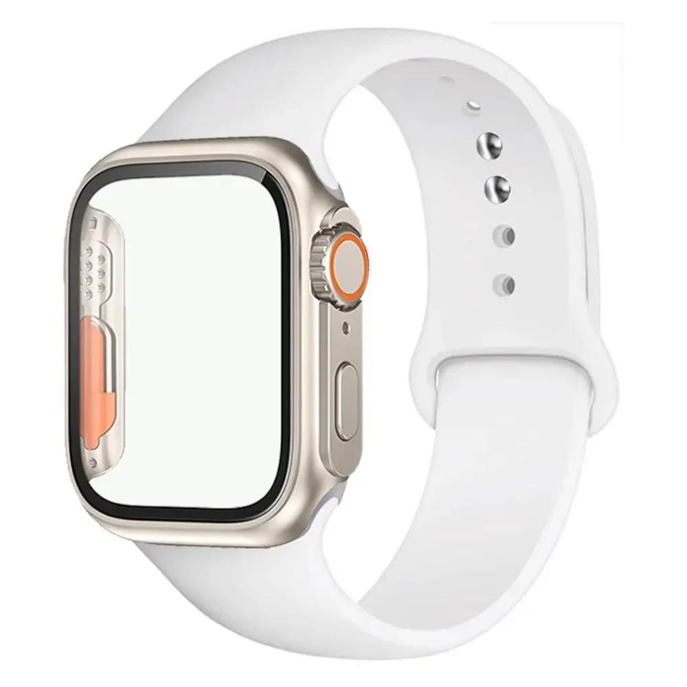 Silicone Strap+Case For Apple Watch Band 44mm 45mm 41mm 40mm Tempered Glass Cover Change to Ultra iWatch Series 9 8 7 SE 6 5 3