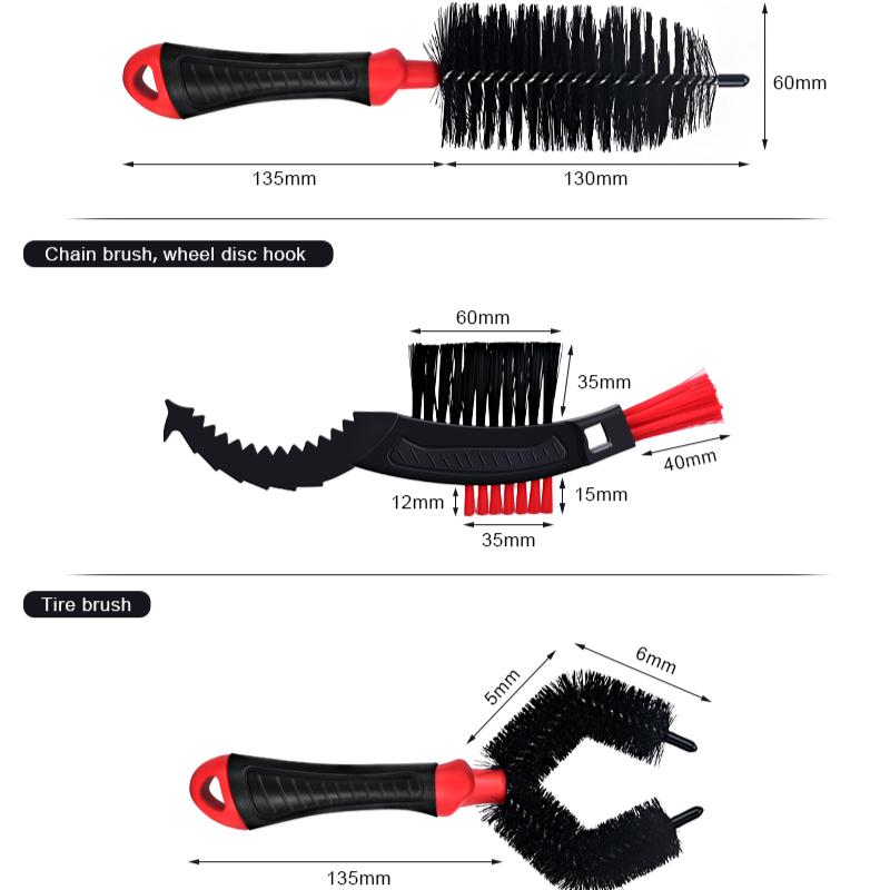 Kit di 3 spazzole per la pulizia della bicicletta, strumento per la pulizia della catena, spazzola per pneumatici per bici da corsa, kit di lavaggio rapido per la pulizia della bicicletta