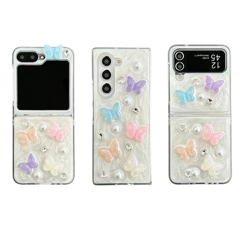 Colorful Butterfly Pearl Rhinestone Mobile Phone Case for Zflip6 Flip Folding Zfold7 Female New Model