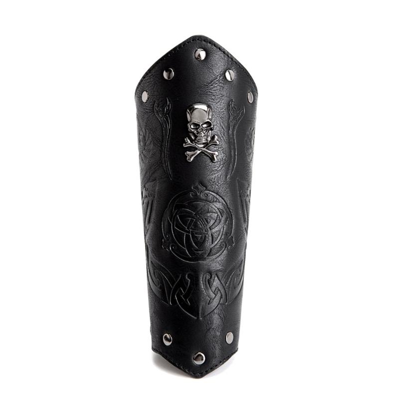 Medieval Wristband Men Cosplay Skull Embossed Bracer Gauntlet for Men Cosplay PU Wristband for Photoshoots and Stage
