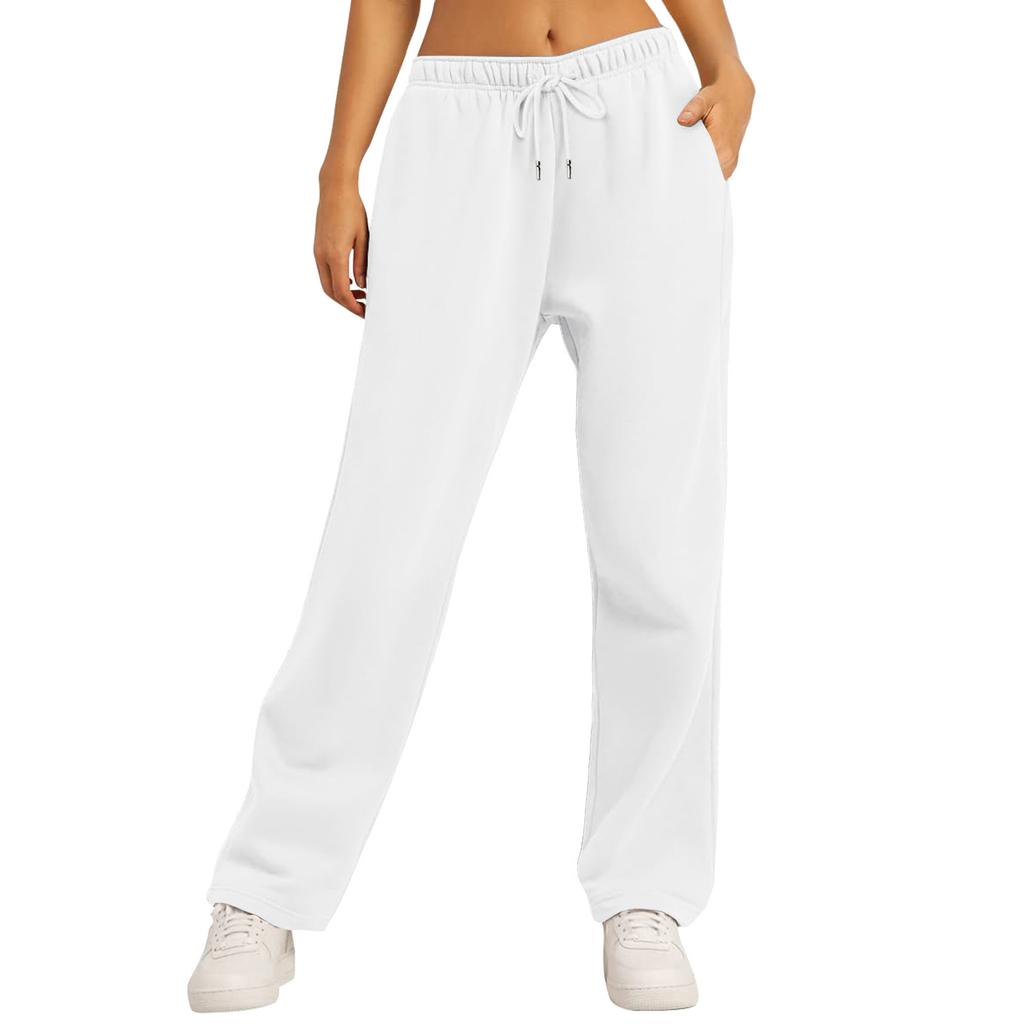 Women's Mid Waist Straight Sweatpants Loose Fit Drawstring Casual Wide Leg Trousers With Side Pockets