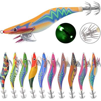 10 Stück Holz Garnelen Angelköder Tintenfisch Jig Angelhaken für Oktopus Sepia Leuchtende Künstliche Jigging Köder Harter Köder