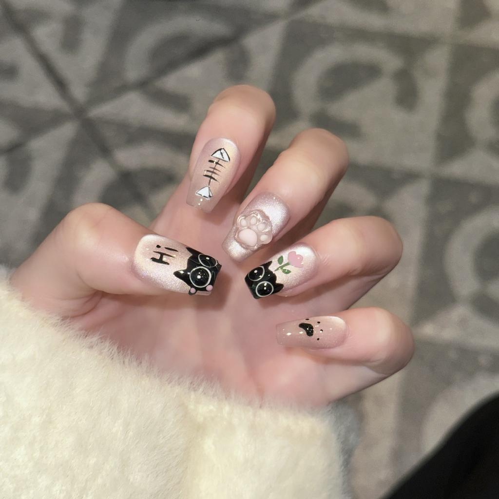 Pure Hand-wearing Armor Cute Daily Short Manicure Hand-painted Cat Pinch Glue Fish Can Be Removed and Reused