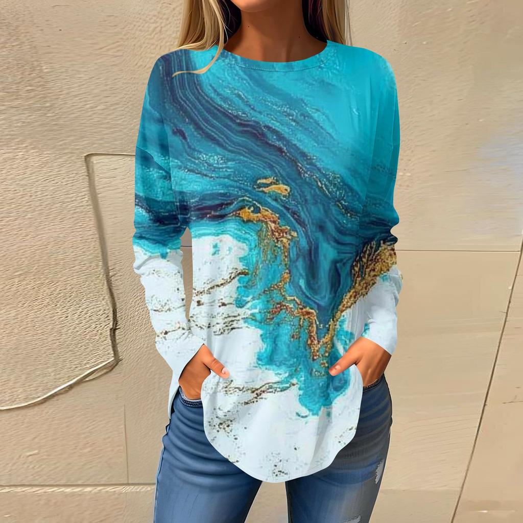 Women's Fashion Pullover Round Neck Long Sleeve Printed Top